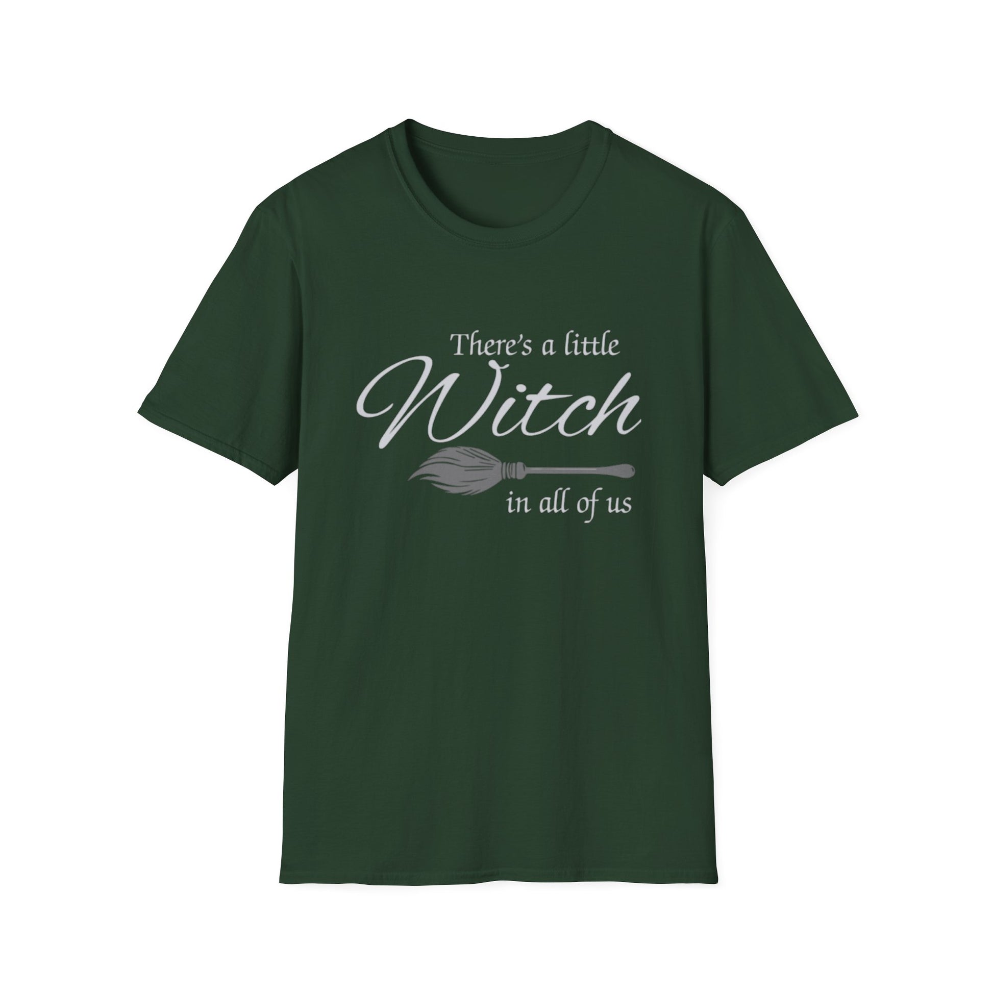 Green t-shirt with text 'There's a little Witch in all of us' on a white background