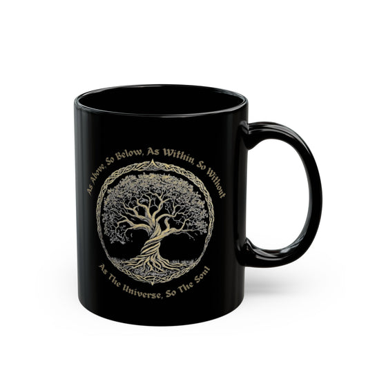 Black mug with a tree design and text on a white background