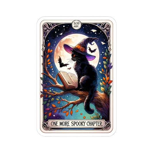 Card with a black cat in a witch hat reading a book under a moonlit sky with bats.