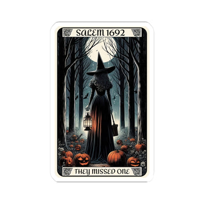 Card featuring a witch in a forest with pumpkins and text &