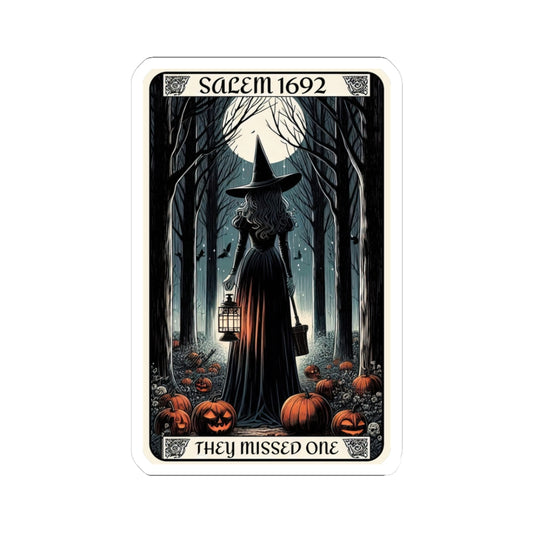 Card featuring a witch in a forest with pumpkins and text 'Salem 1692'.