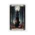 Card featuring a witch in a forest with pumpkins and text &